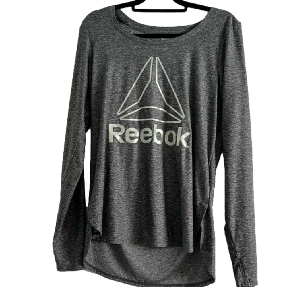 Black & grey marl long sleeved dryfit workout top Reebok large thumbholes - Picture 1 of 12
